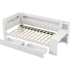 Okwish Lit gigogne 90x200 cm - Lit simple avec port USB et bande LED - Bois - Sans matelas - Blanc