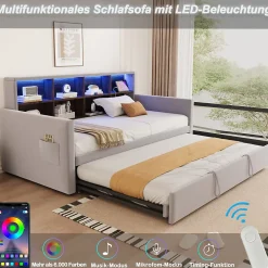 Okwish Lit Gigogne 90x190 cm - Lit Simple Capitonné avec Ports USB+Type-C, Enfant et Ado - Velours, Métal, MDF, Gris Clair - sans Matelas Outlet