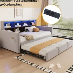 Okwish Lit Gigogne 90x190 cm - Lit Simple Capitonné avec Ports USB+Type-C, Enfant et Ado - Velours, Métal, MDF, Gris Clair - sans Matelas Outlet