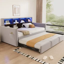 Okwish Lit Gigogne 90x190 cm - Lit Simple Capitonné avec Ports USB+Type-C, Enfant et Ado - Velours, Métal, MDF, Gris Clair - sans Matelas Outlet