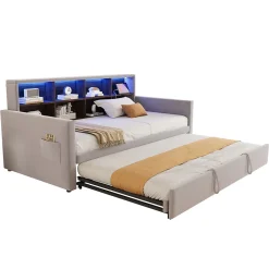 Okwish Lit Gigogne 90x190 cm - Lit Simple Capitonné avec Ports USB+Type-C, Enfant et Ado - Velours, Métal, MDF, Gris Clair - sans Matelas Outlet