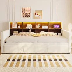 Okwish Lit Gigogne 90x190 cm - Lit Simple Capitonné avec Ports USB+Type-C pour Enfant et Ado - Velours, Métal, MDF, Beige - sans Matelas Outlet