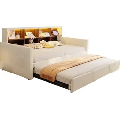 Okwish Lit Gigogne 90x190 cm - Lit Simple Capitonné avec Ports USB+Type-C pour Enfant et Ado - Velours, Métal, MDF, Beige - sans Matelas Outlet