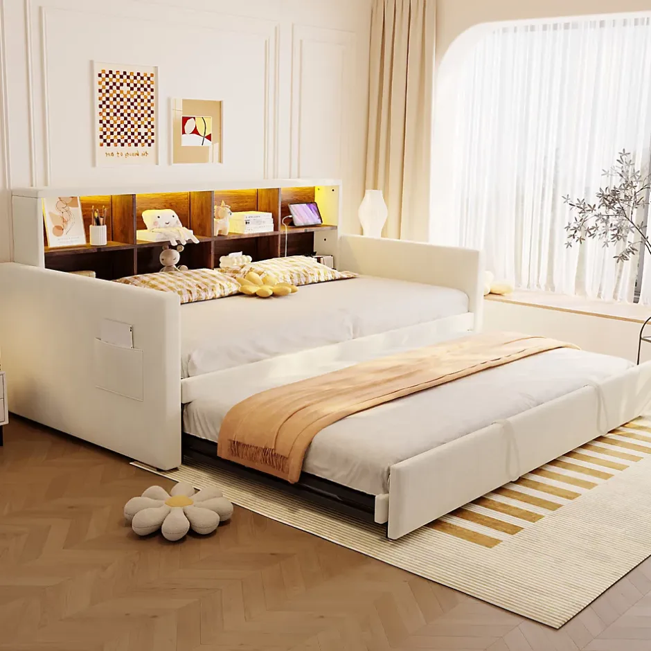 Okwish Lit Gigogne 90x190 cm - Lit Simple Capitonné avec Ports USB+Type-C pour Enfant et Ado - Velours, Métal, MDF, Beige - sans Matelas Outlet