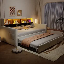 Okwish Lit Gigogne 90x190 cm - Lit Simple Capitonné avec Ports USB+Type-C pour Enfant et Ado - Velours, Métal, MDF, Beige - sans Matelas Outlet