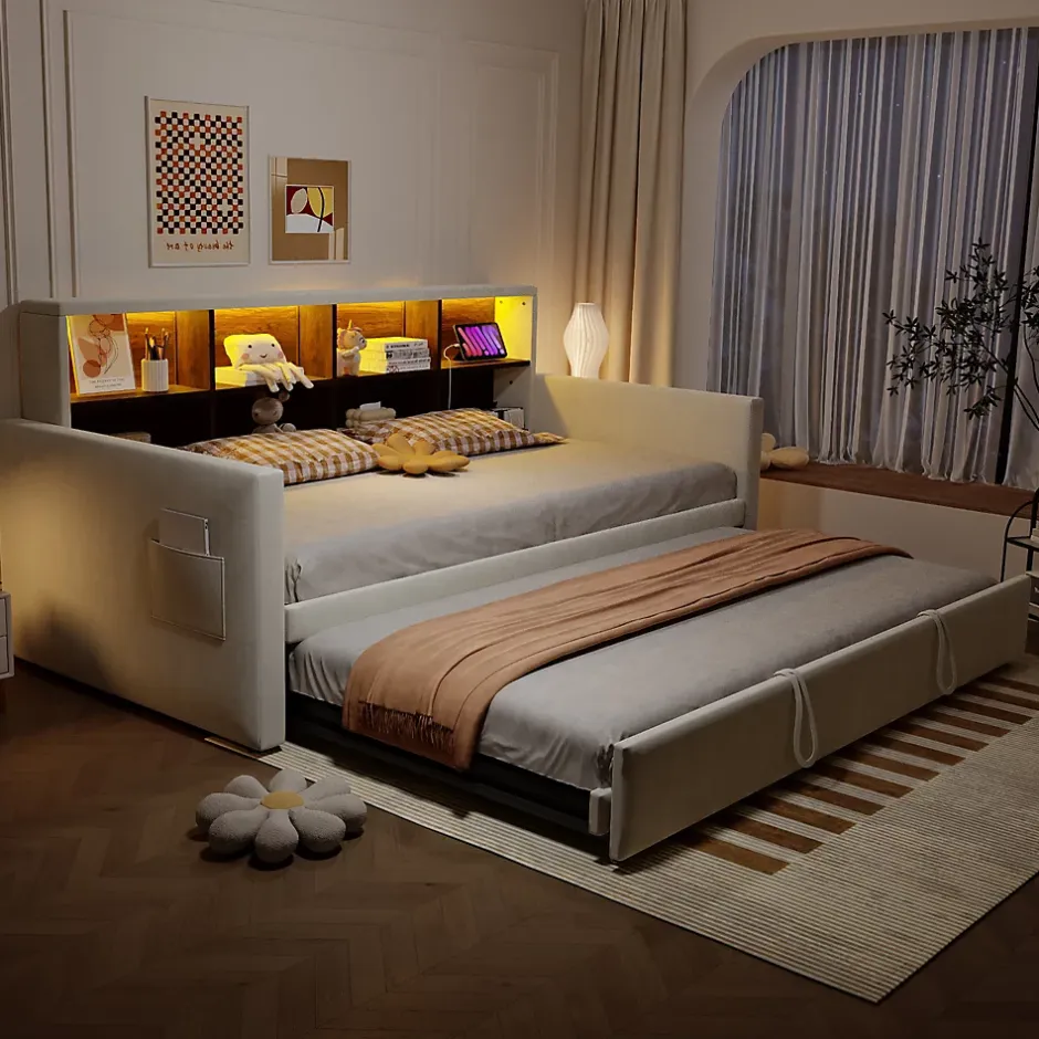 Okwish Lit Gigogne 90x190 cm - Lit Simple Capitonné avec Ports USB+Type-C pour Enfant et Ado - Velours, Métal, MDF, Beige - sans Matelas Outlet