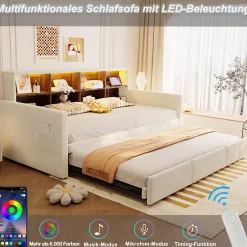 Okwish Lit Gigogne 90x190 cm - Lit Simple Capitonné avec Ports USB+Type-C pour Enfant et Ado - Velours, Métal, MDF, Beige - sans Matelas Outlet