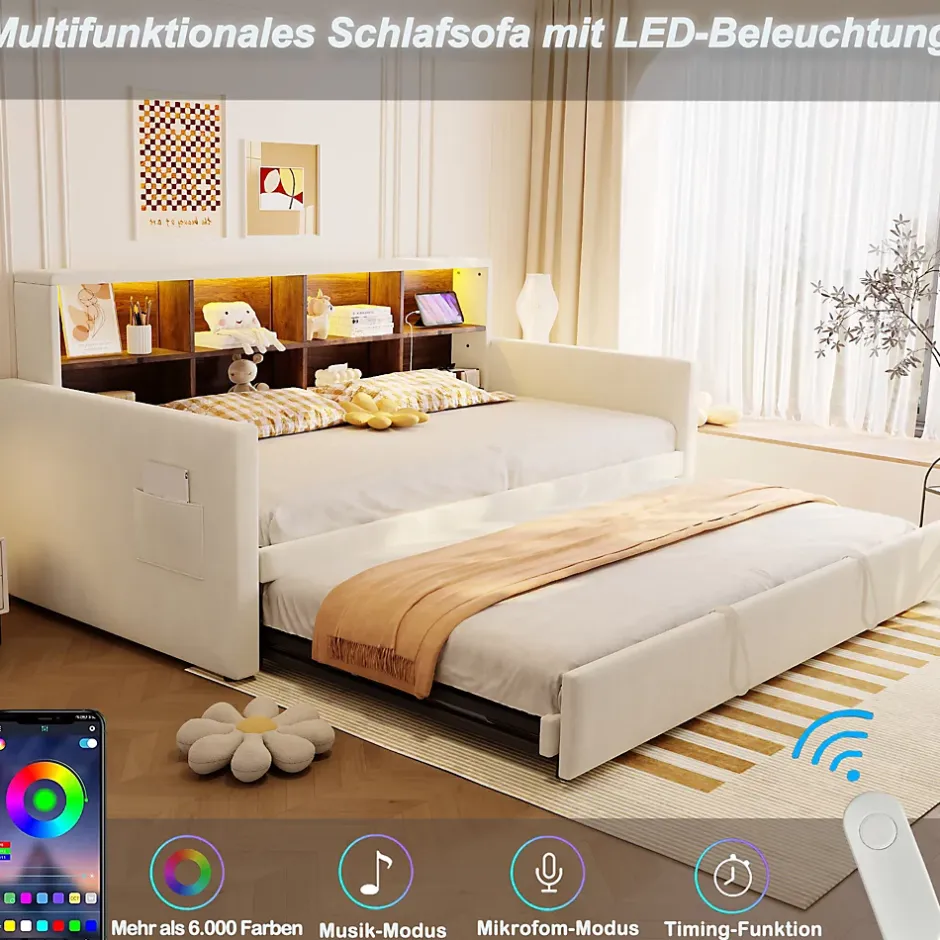 Okwish Lit Gigogne 90x190 cm - Lit Simple Capitonné avec Ports USB+Type-C pour Enfant et Ado - Velours, Métal, MDF, Beige - sans Matelas Outlet