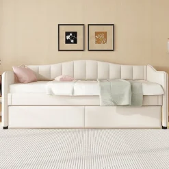 Okwish Lit gigogne 90x200 cm - Lit simple avec lit tiroir et sommier à lattes - Lin + MDF - Sans matelas - Beige Outlet