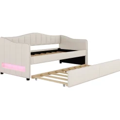 Okwish Lit gigogne 90x200 cm - Lit simple avec lit tiroir et sommier à lattes - Lin + MDF - Sans matelas - Beige Outlet