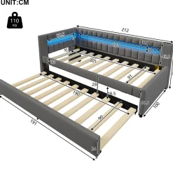 Okwish Lit Gigogne 90x200 cm - Lit Simple avec Sommier Coulissant, Éclairage LED et Ports USB Type-C, Lin et MDF, sans Matelas, Gris Best