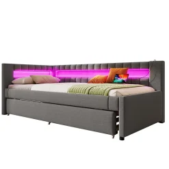 Okwish Lit Gigogne 90x200 cm - Lit Simple avec Sommier Coulissant, Éclairage LED et Ports USB Type-C, Lin et MDF, sans Matelas, Gris Best
