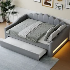 Okwish Lit gigogne 140x200 cm - Lit simple avec lit d'appoint extensible - MDF et Lin - Sans matelas - Gris Hot