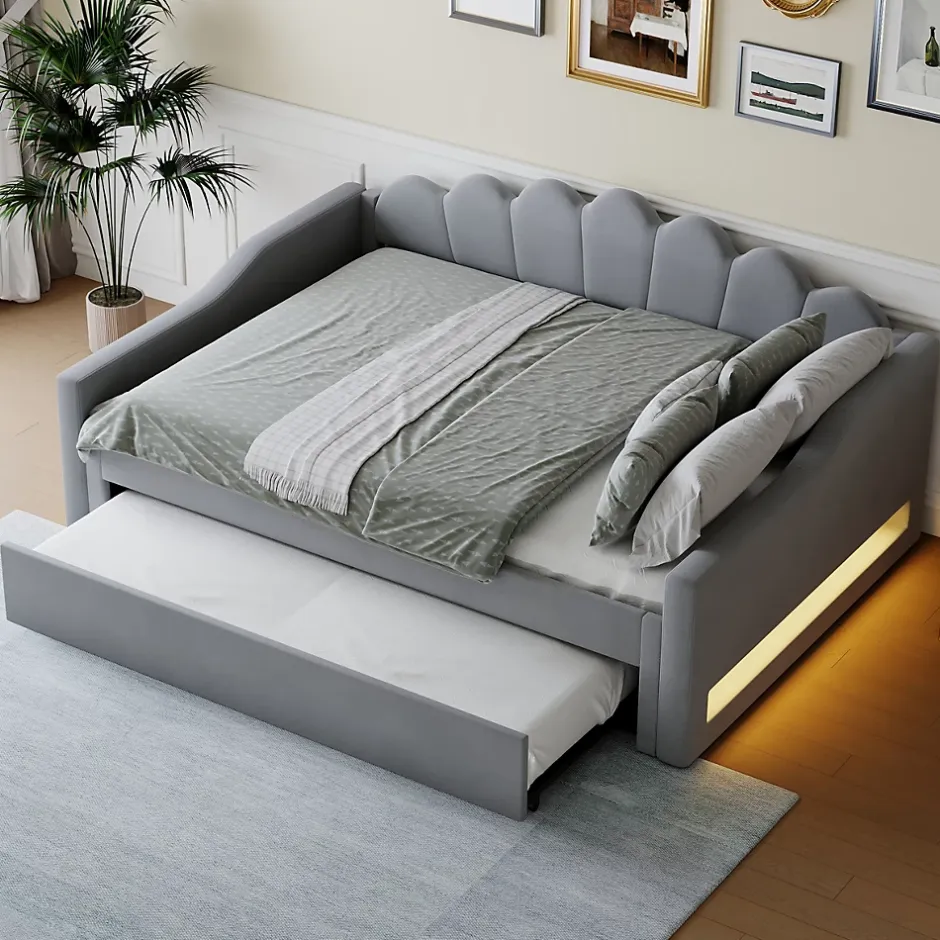 Okwish Lit gigogne 140x200 cm - Lit simple avec lit d'appoint extensible - MDF et Lin - Sans matelas - Gris Hot