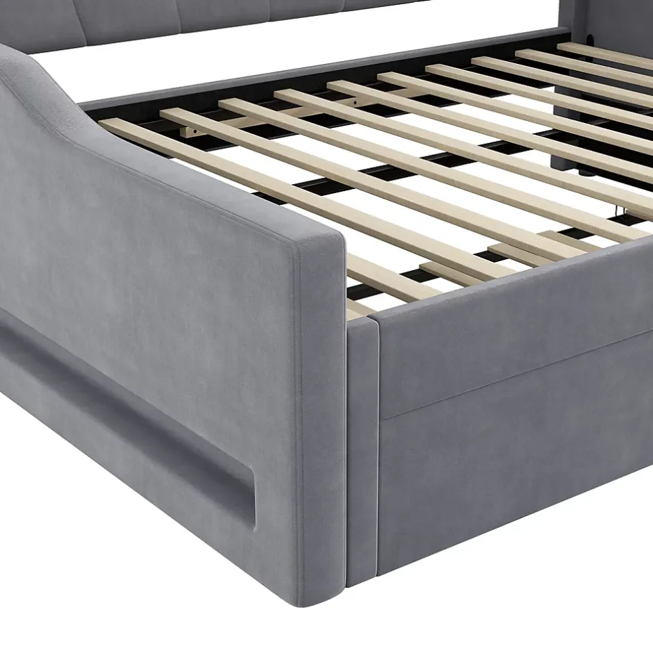 Okwish Lit gigogne 140x200 cm - Lit simple avec lit d'appoint extensible - MDF et Lin - Sans matelas - Gris Hot