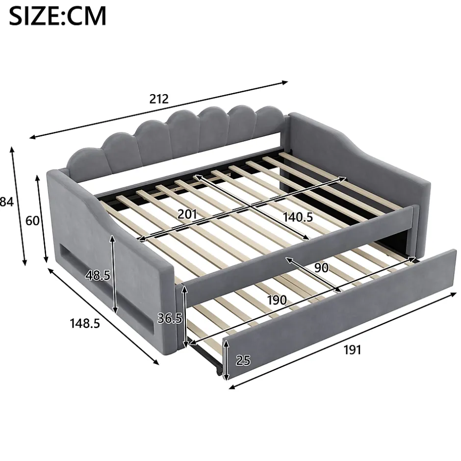 Okwish Lit gigogne 140x200 cm - Lit simple avec lit d'appoint extensible - MDF et Lin - Sans matelas - Gris Hot