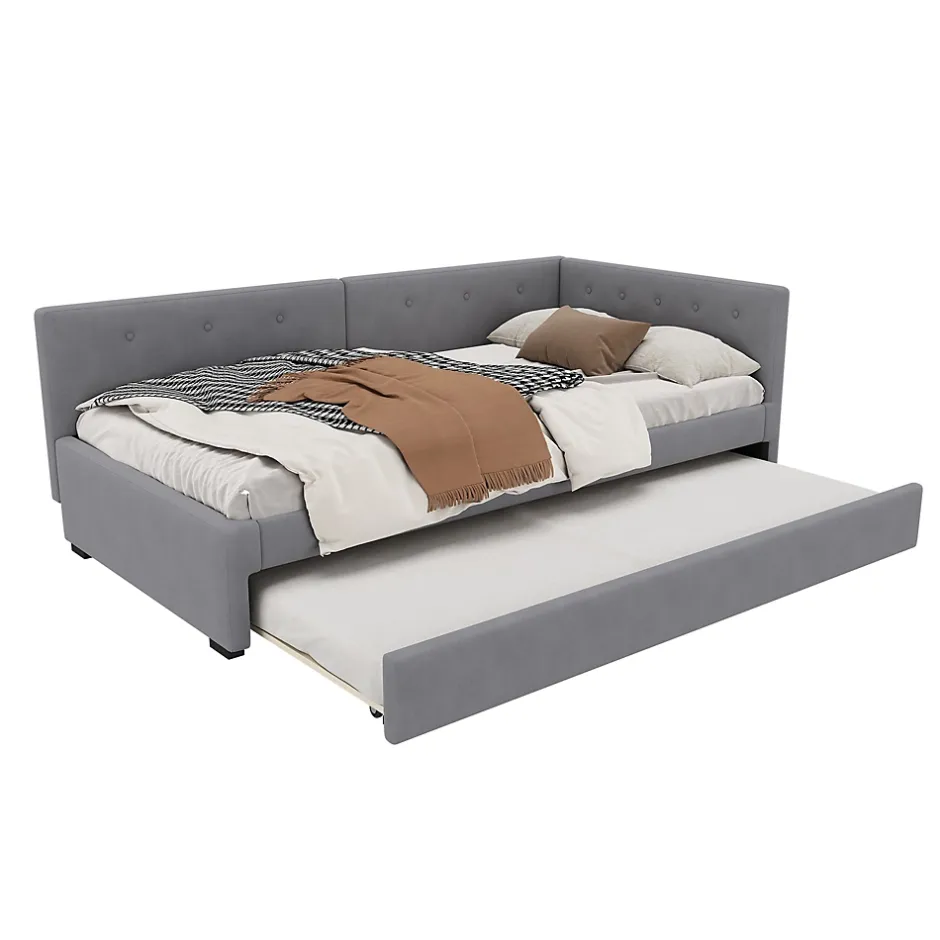 Okwish Lit Gigogne 90x200 cm - Lit Simple 1 Place avec Couchage Secondaire, sans Matelas, en Velours, Gris