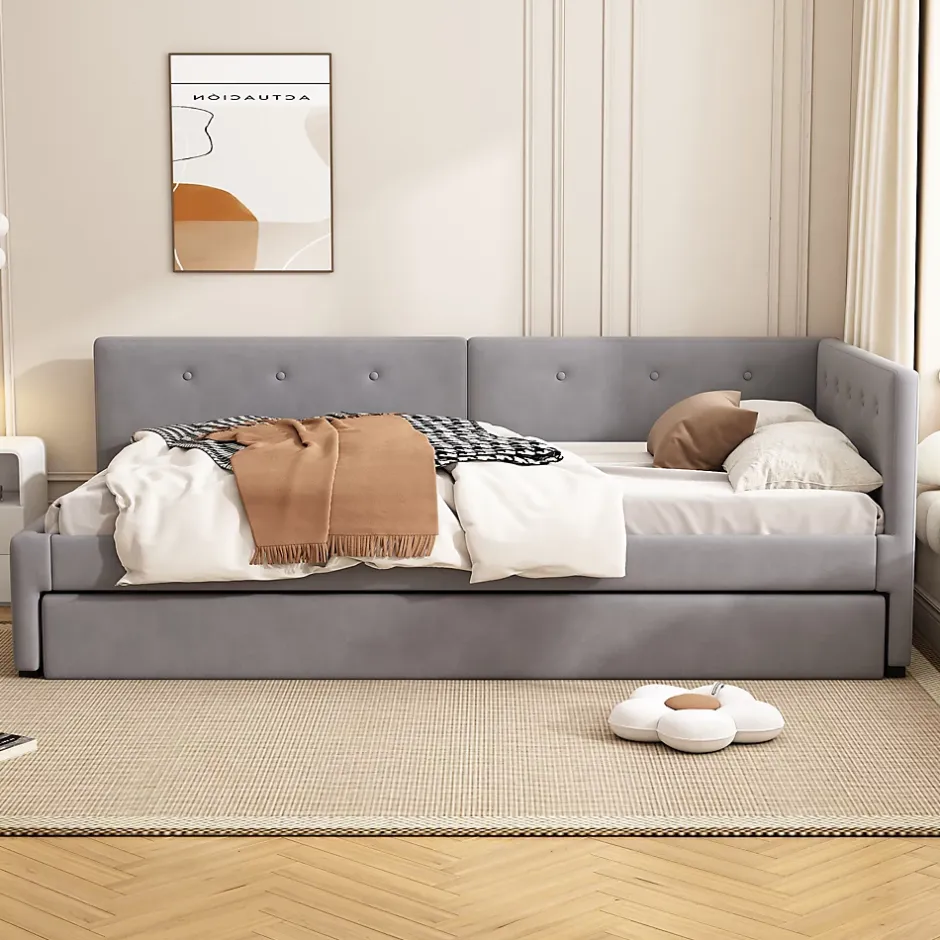 Okwish Lit Gigogne 90x200 cm - Lit Simple 1 Place avec Couchage Secondaire, sans Matelas, en Velours, Gris