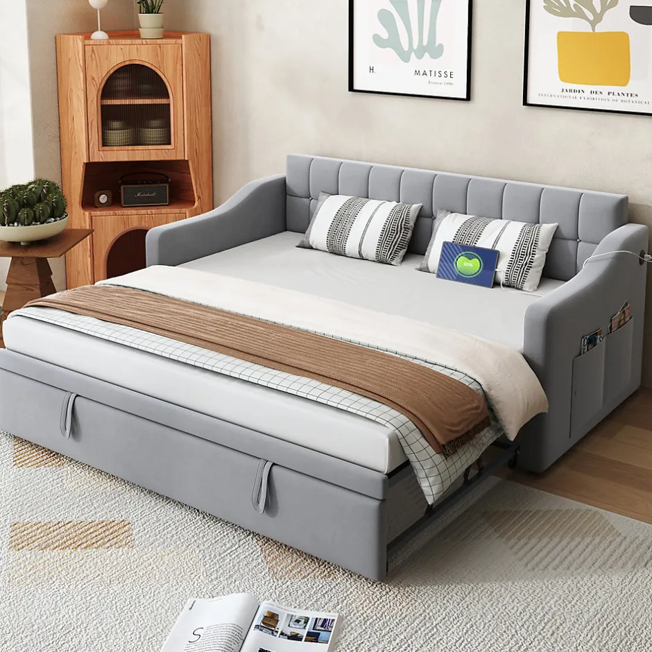 Okwish Lit Gigogne 90/180x190 cm - Lit Simple avec Lit Tiroir, Ports USB et Poche de Rangement, Sans Matelas - Velours Gris Clair