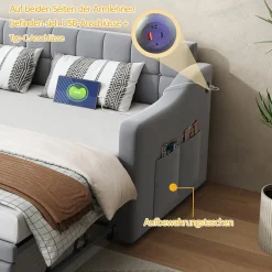 Okwish Lit Gigogne 90/180x190 cm - Lit Simple avec Lit Tiroir, Ports USB et Poche de Rangement, Sans Matelas - Velours Gris Clair