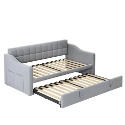 Okwish Lit Gigogne 90/180x190 cm - Lit Simple avec Lit Tiroir, Ports USB et Poche de Rangement, Sans Matelas - Velours Gris Clair