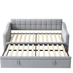 Okwish Lit Gigogne 90/180x190 cm - Lit Simple avec Lit Tiroir, Ports USB et Poche de Rangement, Sans Matelas - Velours Gris Clair