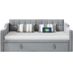Okwish Lit Gigogne 90/180x190 cm - Lit Simple avec Lit Tiroir, Ports USB et Poche de Rangement, Sans Matelas - Velours Gris Clair