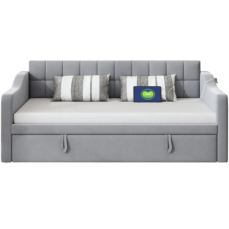 Okwish Lit Gigogne 90/180x190 cm - Lit Simple avec Lit Tiroir, Ports USB et Poche de Rangement, Sans Matelas - Velours Gris Clair