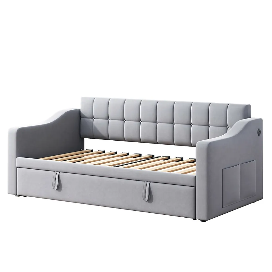 Okwish Lit Gigogne 90/180x190 cm - Lit Simple avec Lit Tiroir, Ports USB et Poche de Rangement, Sans Matelas - Velours Gris Clair