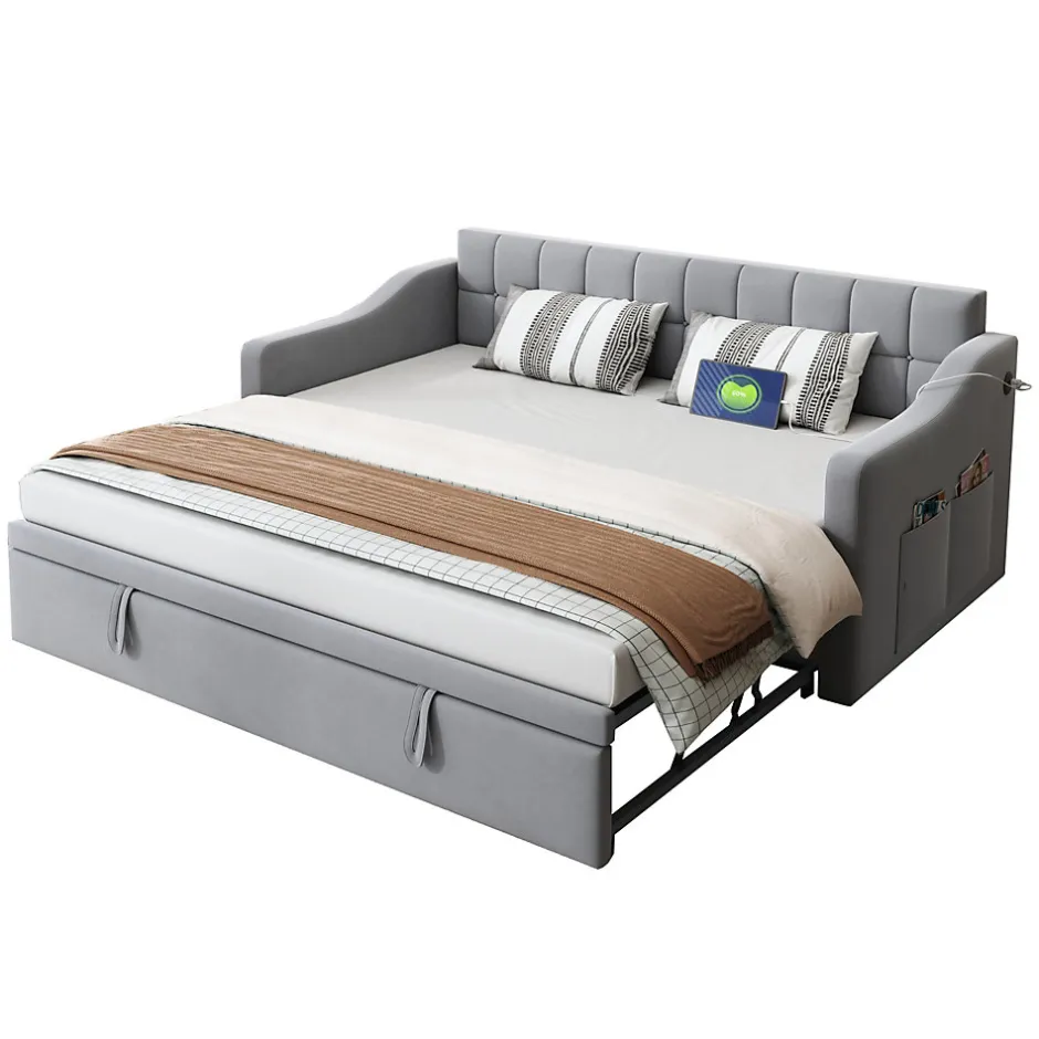 Okwish Lit Gigogne 90/180x190 cm - Lit Simple avec Lit Tiroir, Ports USB et Poche de Rangement, Sans Matelas - Velours Gris Clair