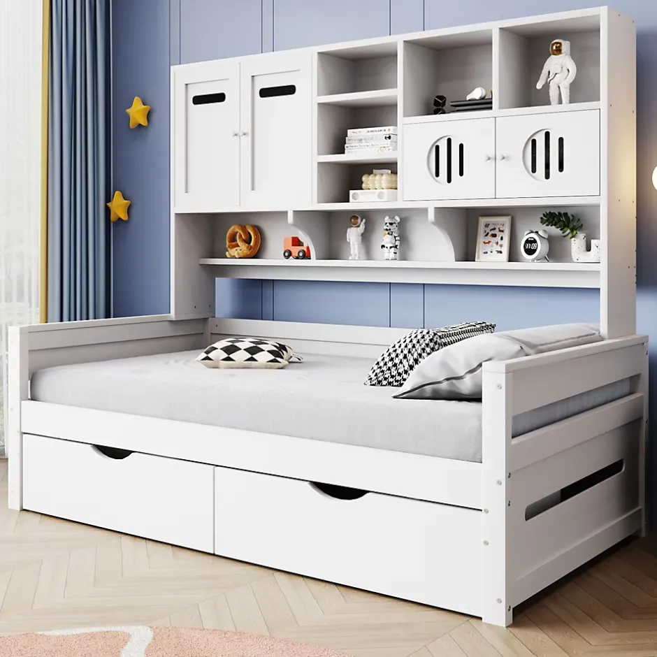 Okwish Lit Gigogne 90x200 cm - Lit Simple avec Deux Tiroirs de Rangement - Bois - Blanc - Sans Matelas Discount