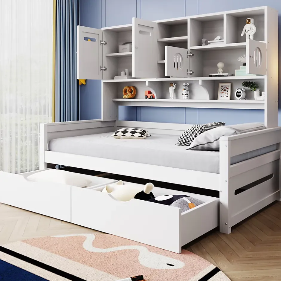 Okwish Lit Gigogne 90x200 cm - Lit Simple avec Deux Tiroirs de Rangement - Bois - Blanc - Sans Matelas Discount