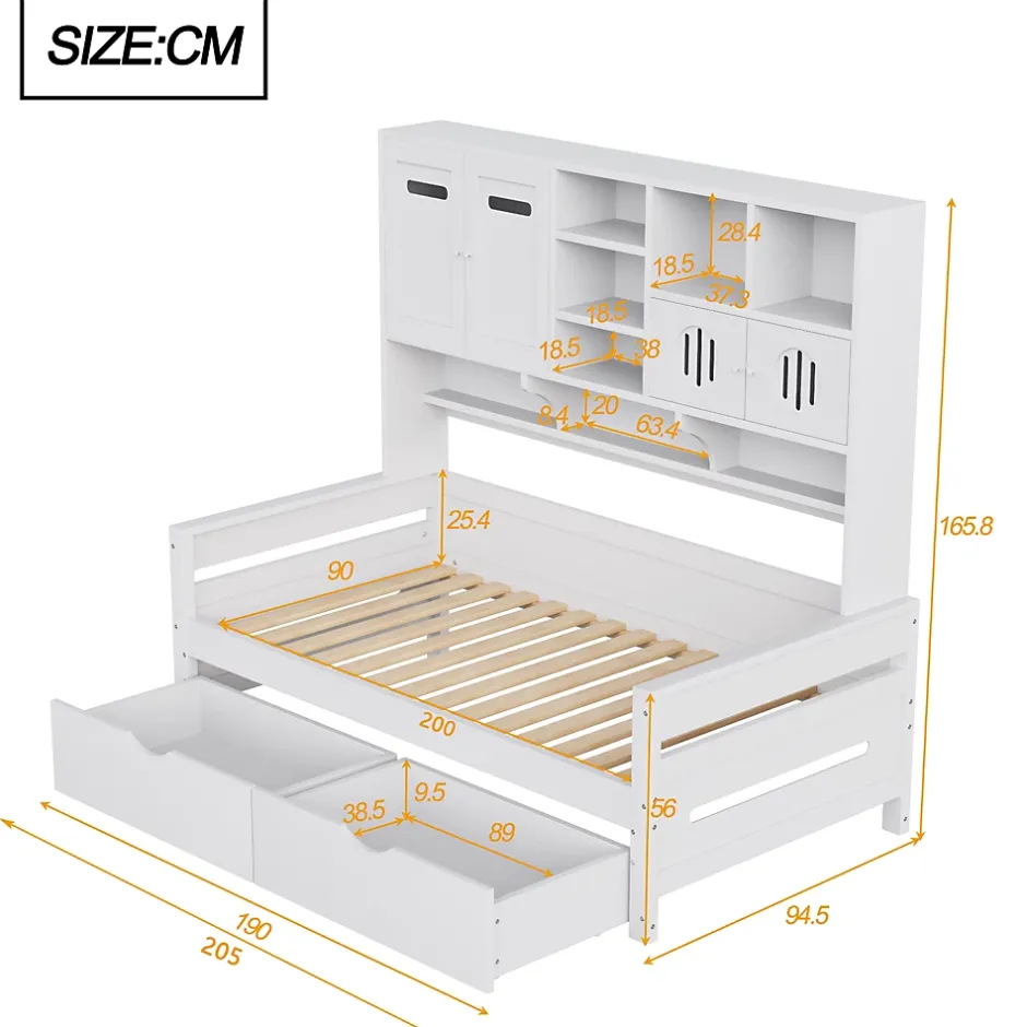 Okwish Lit Gigogne 90x200 cm - Lit Simple avec Deux Tiroirs de Rangement - Bois - Blanc - Sans Matelas Discount