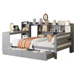 Okwish Lit Gigogne 90x200 cm - Lit Simple avec Bureau, Bibliothèque et Rangement Intégré, Sans Matelas - Bois Gris Clearance