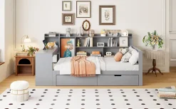 Okwish Lit Gigogne 90x200 cm - Lit Simple avec Bureau, Bibliothèque et Rangement Intégré, Sans Matelas - Bois Gris Clearance