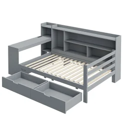 Okwish Lit Gigogne 90x200 cm - Lit Simple avec Bureau, Bibliothèque et Rangement Intégré, Sans Matelas - Bois Gris Clearance