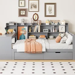 Okwish Lit Gigogne 90x200 cm - Lit Simple avec Bureau, Bibliothèque et Rangement Intégré, Sans Matelas - Bois Gris Clearance