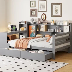 Okwish Lit Gigogne 90x200 cm - Lit Simple avec Bureau, Bibliothèque et Rangement Intégré, Sans Matelas - Bois Gris Clearance