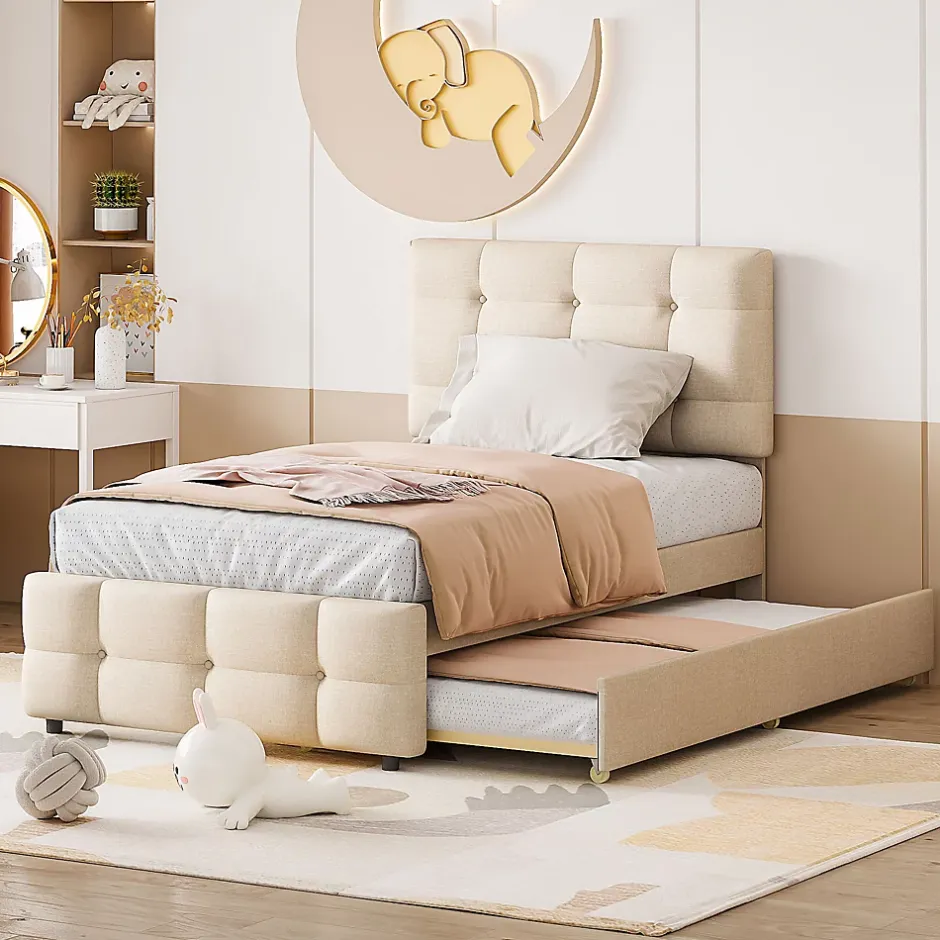 Okwish Lit Gigogne 90x200 cm - Lit Simple enfant avec Sommier à Lattes, Tête de Lit Réglable, Structure MDF et Métal, Sans Matelas, Beige Hot