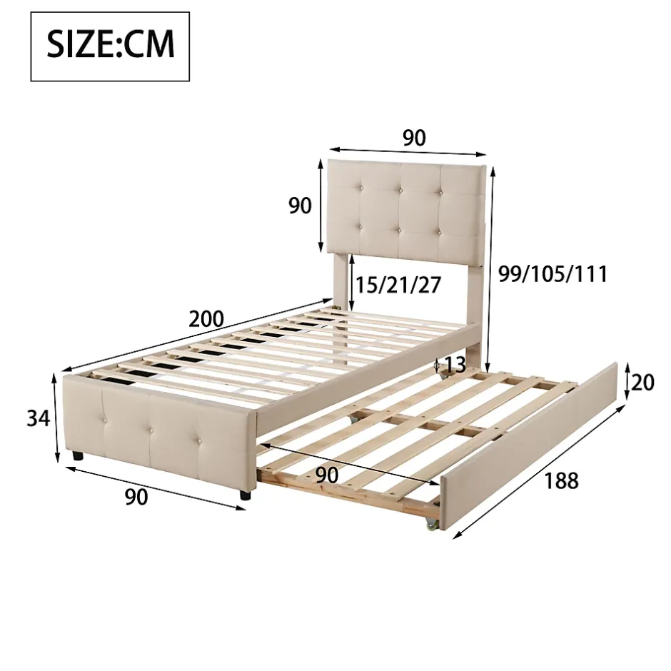 Okwish Lit Gigogne 90x200 cm - Lit Simple enfant avec Sommier à Lattes, Tête de Lit Réglable, Structure MDF et Métal, Sans Matelas, Beige Hot