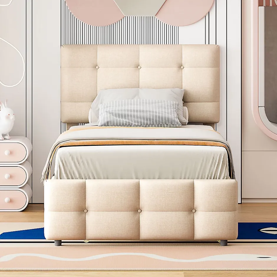 Okwish Lit Gigogne 90x200 cm - Lit Simple enfant avec Sommier à Lattes, Tête de Lit Réglable, Structure MDF et Métal, Sans Matelas, Beige Hot