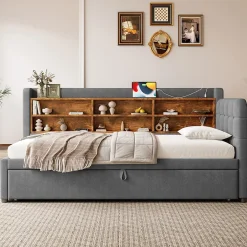 Okwish Lit Gigogne 90x200 cm - Lit Simple avec Rangement et Lit Gigogne Intégré, Ports USB et Type-C, Lin Gris Best