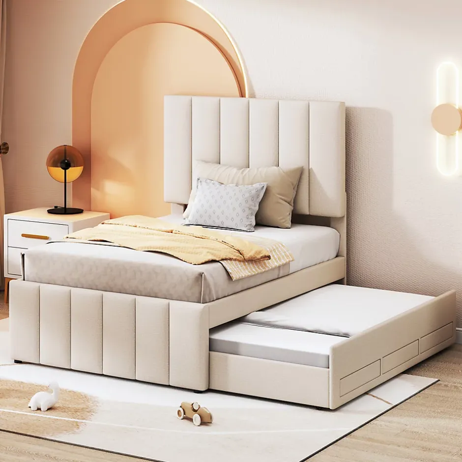 Okwish Lit gigogne 90x200 cm - Lit simple enfant avec tiroirs et lit d'appoint, sans matelas - Revêtement en lin, Beige Sale