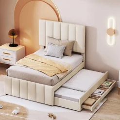 Okwish Lit gigogne 90x200 cm - Lit simple enfant avec tiroirs et lit d'appoint, sans matelas - Revêtement en lin, Beige Sale