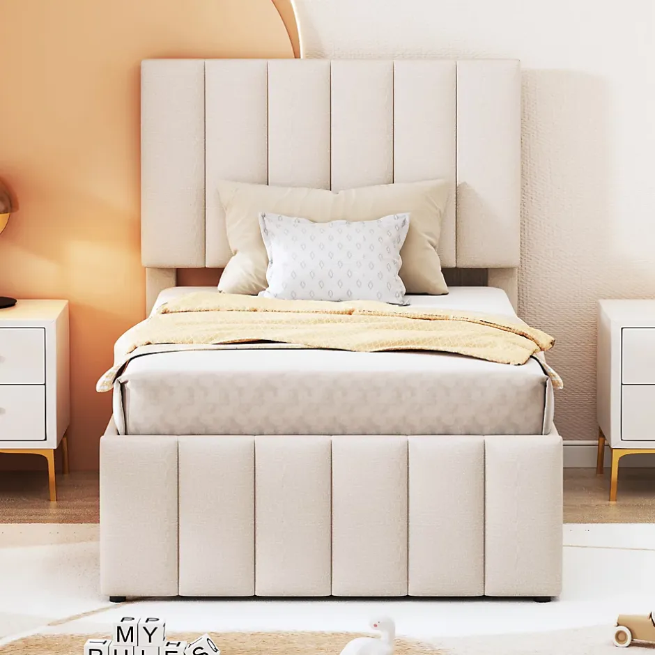 Okwish Lit gigogne 90x200 cm - Lit simple enfant avec tiroirs et lit d'appoint, sans matelas - Revêtement en lin, Beige Sale