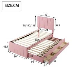 Okwish Lit Gigogne 90x200 cm - Lit Simple enfant avec Tiroirs et Couchage d'Ombre, Revêtement en Lin Doux, Sans Matelas - Rose