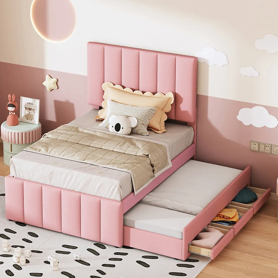 Okwish Lit Gigogne 90x200 cm - Lit Simple enfant avec Tiroirs et Couchage d'Ombre, Revêtement en Lin Doux, Sans Matelas - Rose