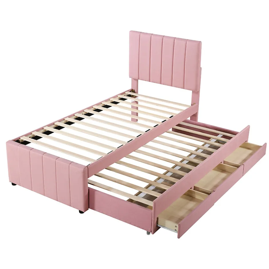 Okwish Lit Gigogne 90x200 cm - Lit Simple enfant avec Tiroirs et Couchage d'Ombre, Revêtement en Lin Doux, Sans Matelas - Rose