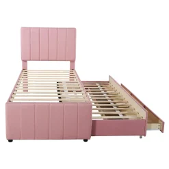Okwish Lit Gigogne 90x200 cm - Lit Simple enfant avec Tiroirs et Couchage d'Ombre, Revêtement en Lin Doux, Sans Matelas - Rose