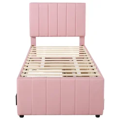 Okwish Lit Gigogne 90x200 cm - Lit Simple enfant avec Tiroirs et Couchage d'Ombre, Revêtement en Lin Doux, Sans Matelas - Rose